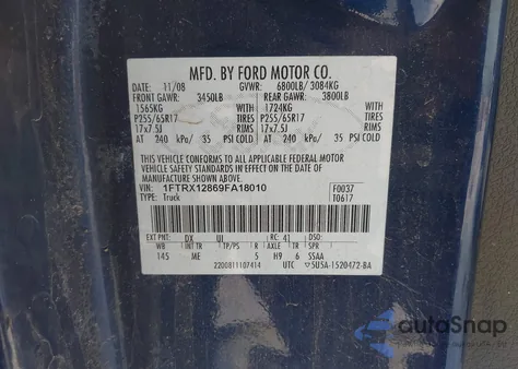 2009 Ford F-150 Xlt z USA, uszkodzony, nr VIN 1FTRX12869FA18010